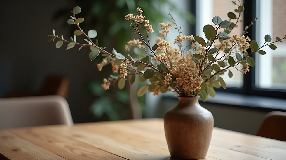 Close-up of a rustic vase filled with dried flowers and eucalyptus branches on a wooden table