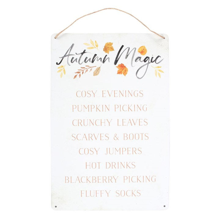 Autumn Magic metal hanging sign – rustic fall décor with woodland leaves design, perfect for seasonal wall or door display.
