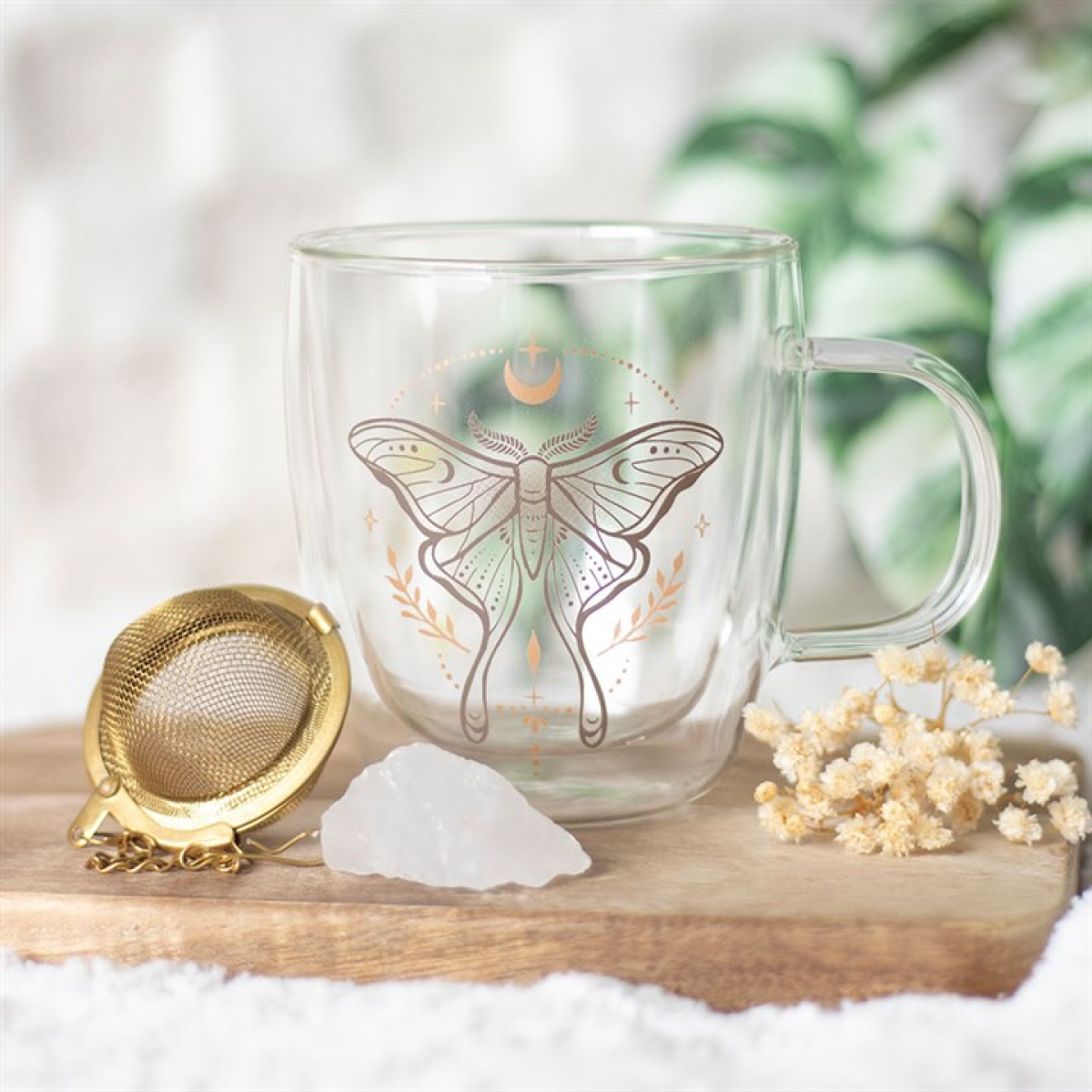 Luna moth double walled glass mug with delicate gold moth illustration and hanging charm