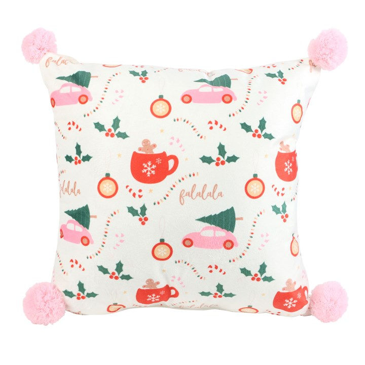 Square Sugarplum Christmas print cushion with festive icons and pink pom pom trim.