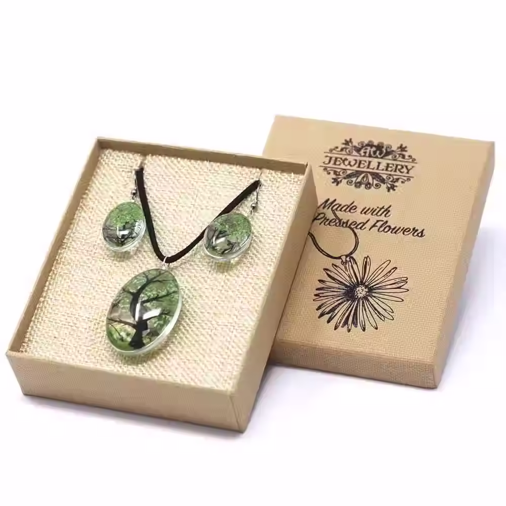 Tree of Life green pressed flower jewellery set with necklace and matching earrings in gift box.