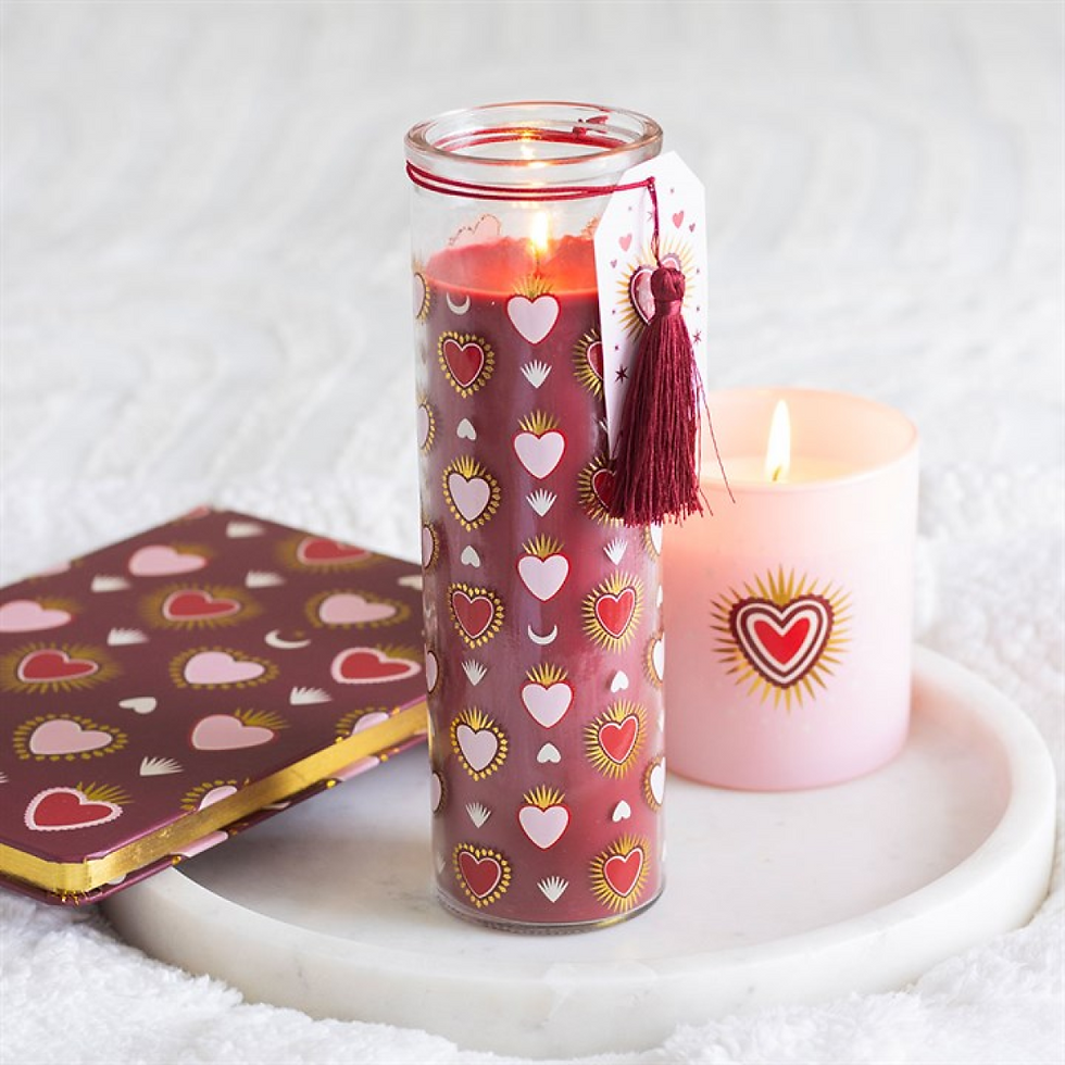 Sacred heart print glass tube candle with tassel in black fig scent