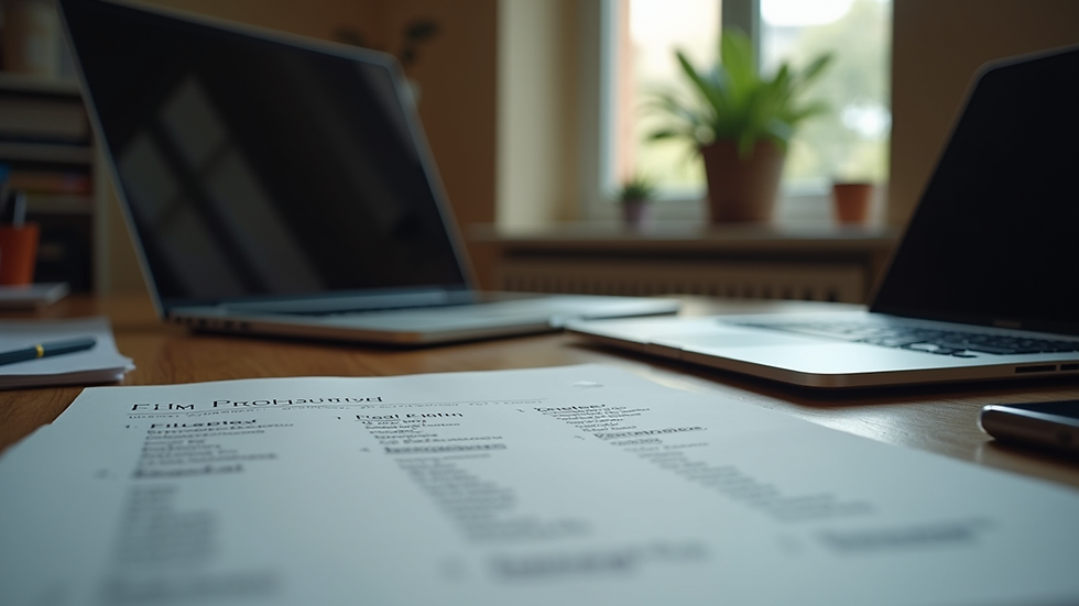 Eye-level view of a laptop and film production notes on a desk
