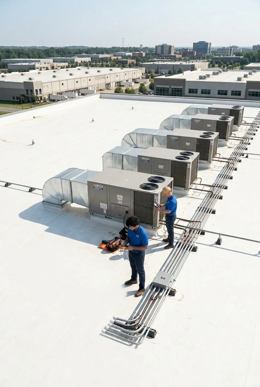Commercial HVAC repair and service on rooftop.