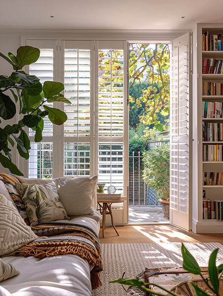 White shutters open to sunny garden