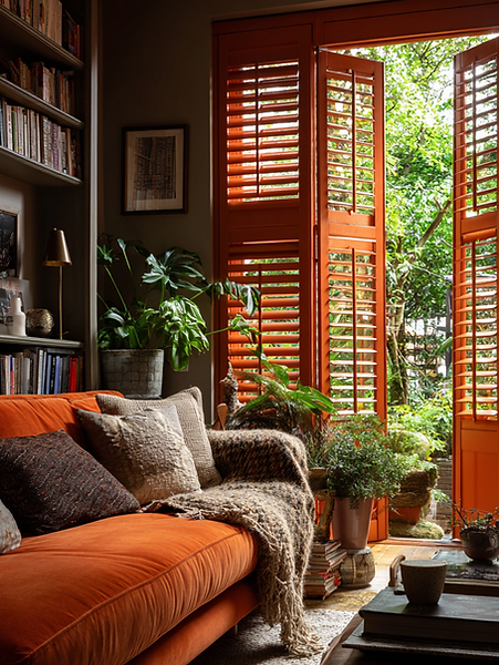 Coloured tracked shutters open to garden view