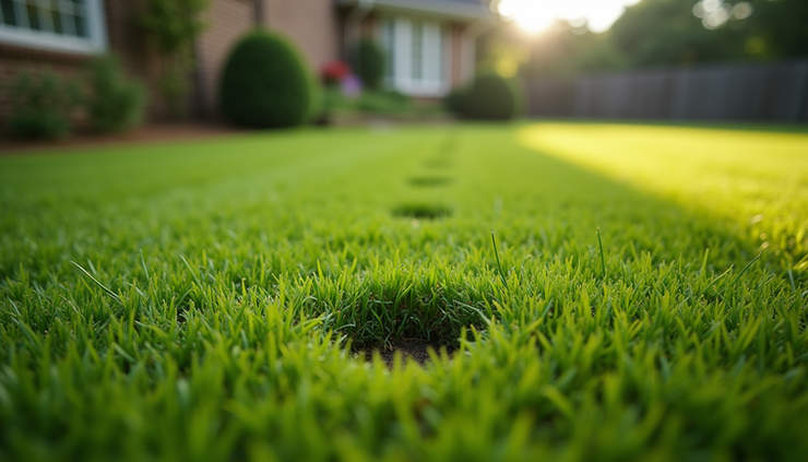 Eye-level view of a well-maintained lawn with aeration holes in Charlotte, NC