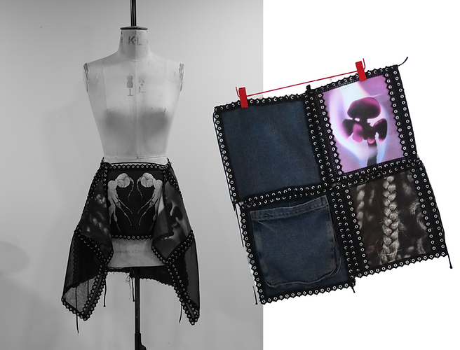 Images of Ebunoluwa as a laid-out 4x4 square and as a skirt on the mannequin.
