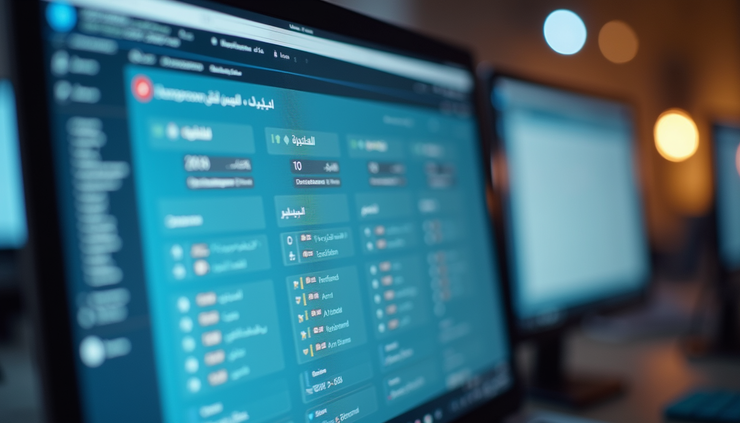 Vue rapprochée d’un écran d’ordinateur montrant un logiciel de gestion documentaire en arabe