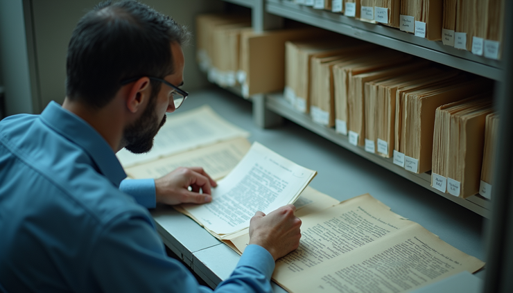 Vue en plongée d’un technicien marocain numérisant des documents anciens dans un centre d’archivage