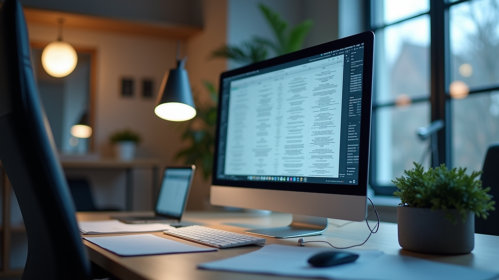 Vue en plongée d’un bureau moderne avec des documents numériques sur un écran d’ordinateur
