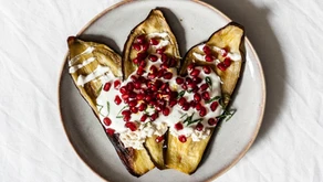 Eggplant Boats with Tofu Cream & Pomegranate