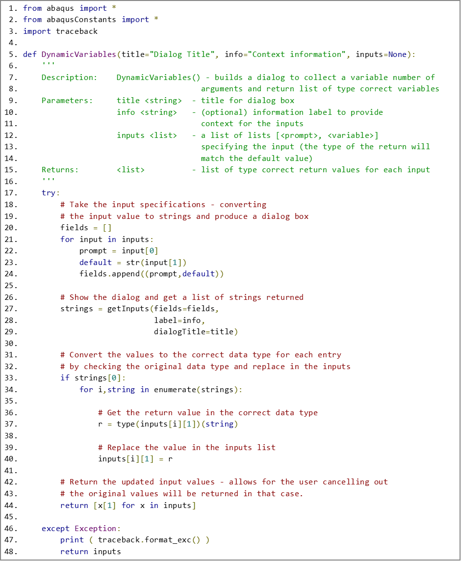 Function to build a dynamic dialog from a list of lists (inputs) and returning a list of typed values. The getInputs function can take one to many data acquisition fields, each is a tuple (<prompt>, <default>) where the default value is a string.