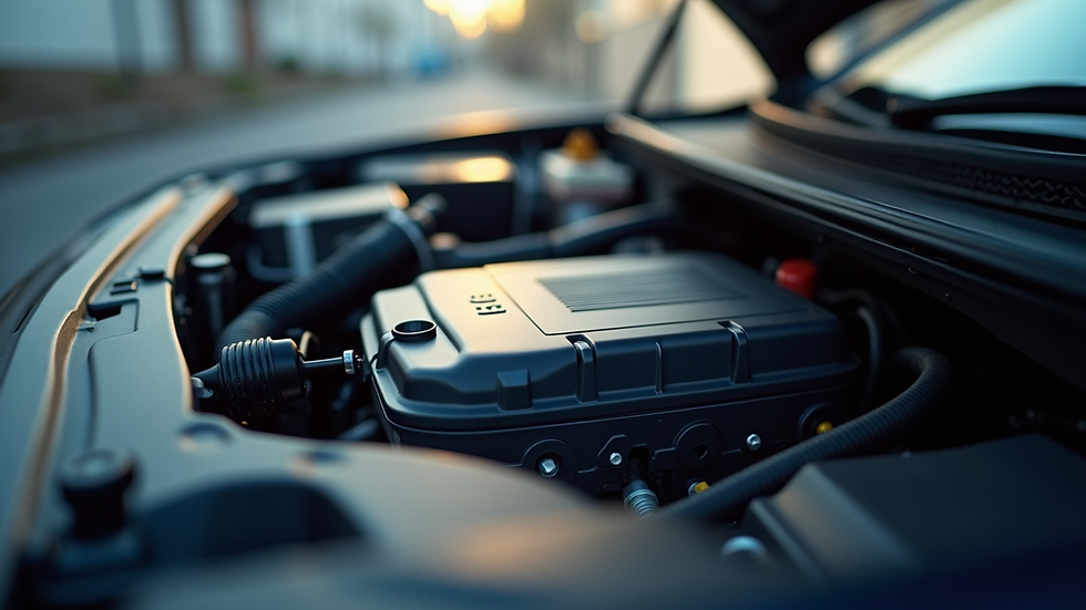 Eye-level view of a hybrid car engine bay with battery visible