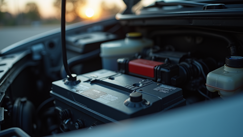Close-up view of a car battery installed in a vehicle engine bay