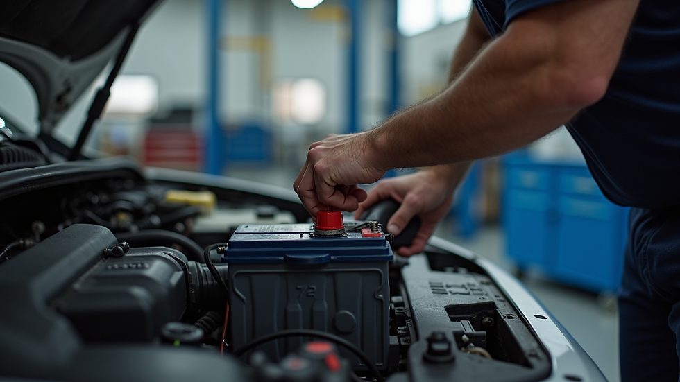 Eye-level view of a mechanic testing a car battery in a workshop