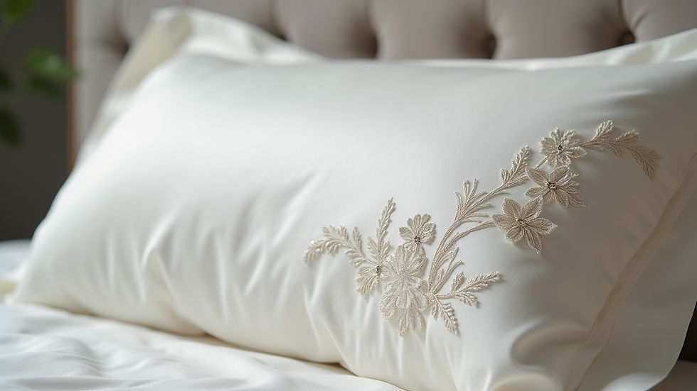 Close-up of luxury satin pillowcase with elegant embroidery