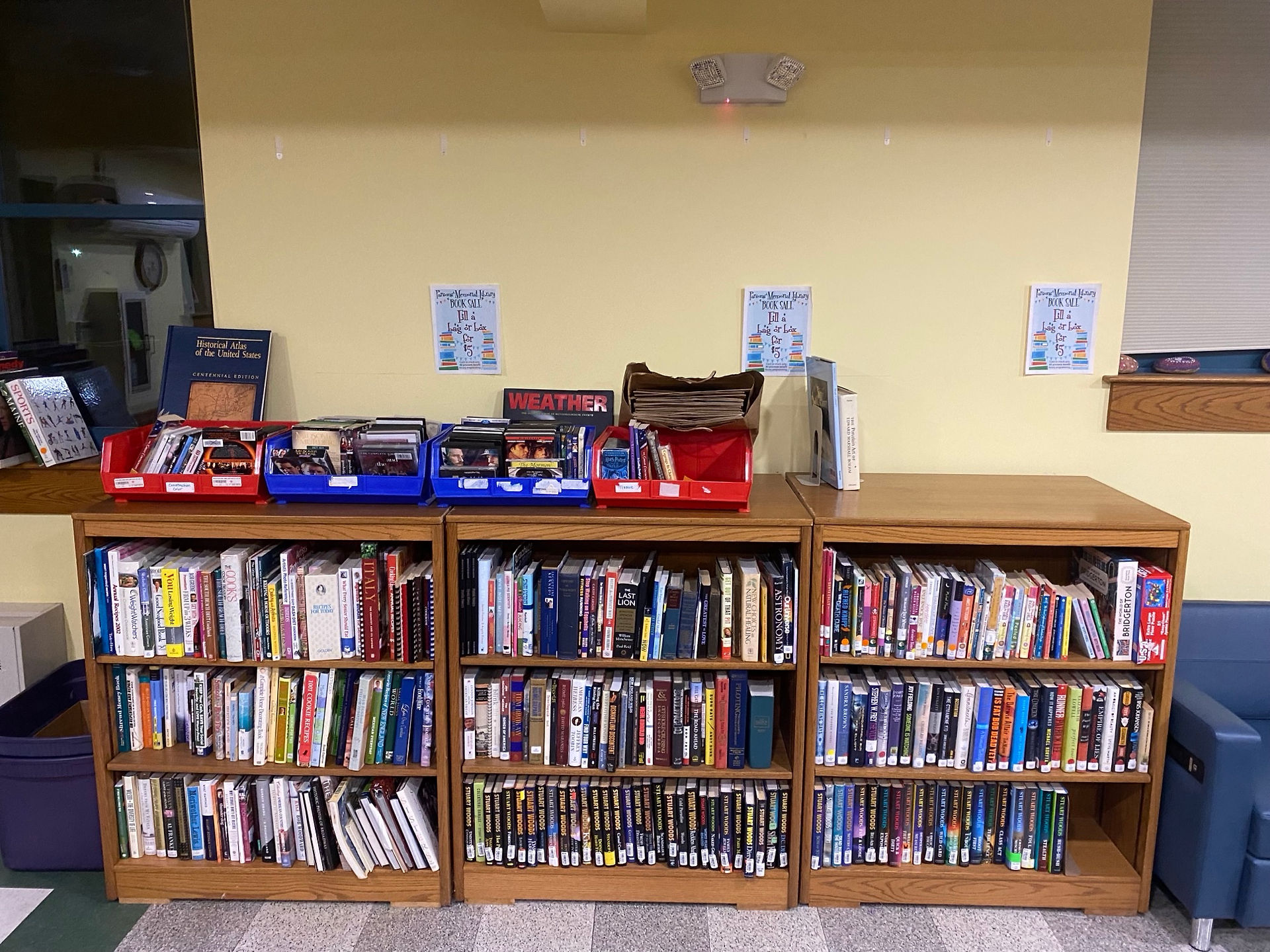 Three bookshelves filled with books in a library