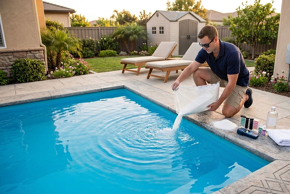Man adding salt to a backyard pool for water balancing