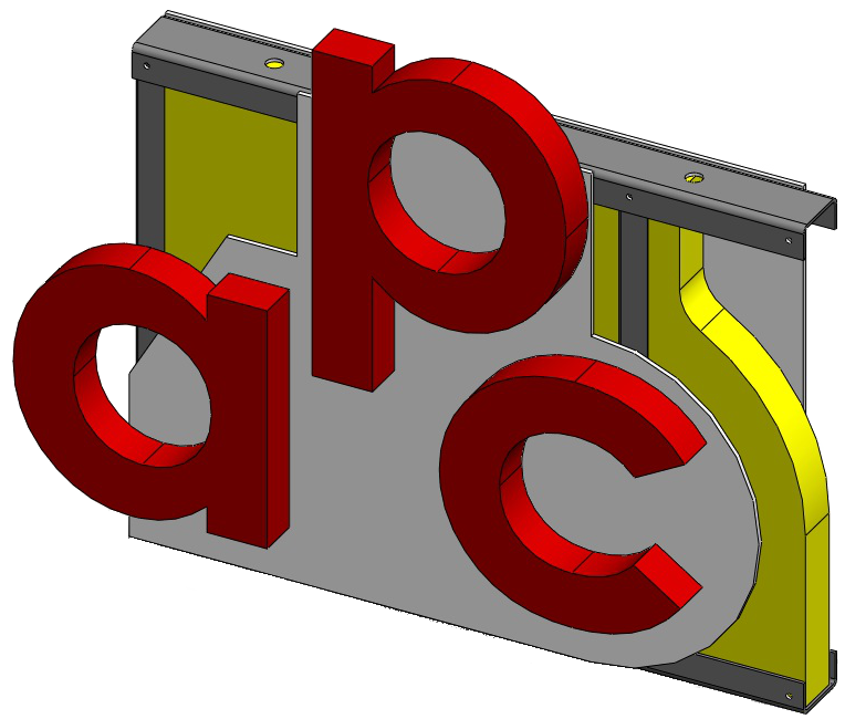 3D APC logo with red letters on a grey and yellow base