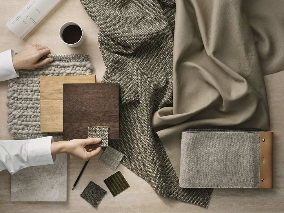 Person chooses fabric samples on a wooden table, with color and texture options.