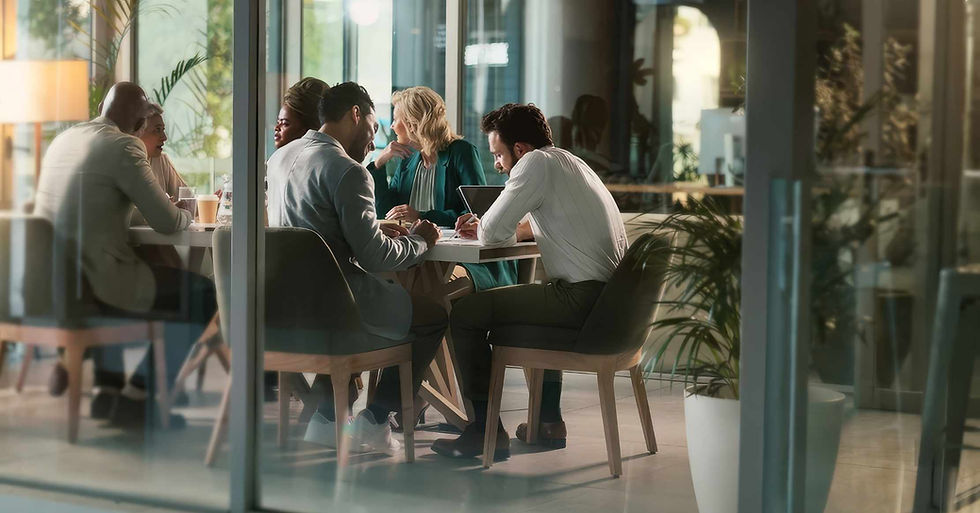 Diverse colleagues collaborating in a modern office meeting.