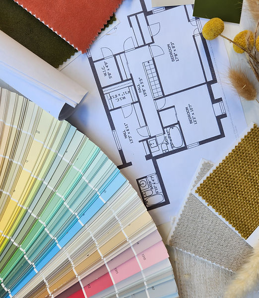 Color swatches displayed alongside a room layout, showcasing various design options and color combinations.