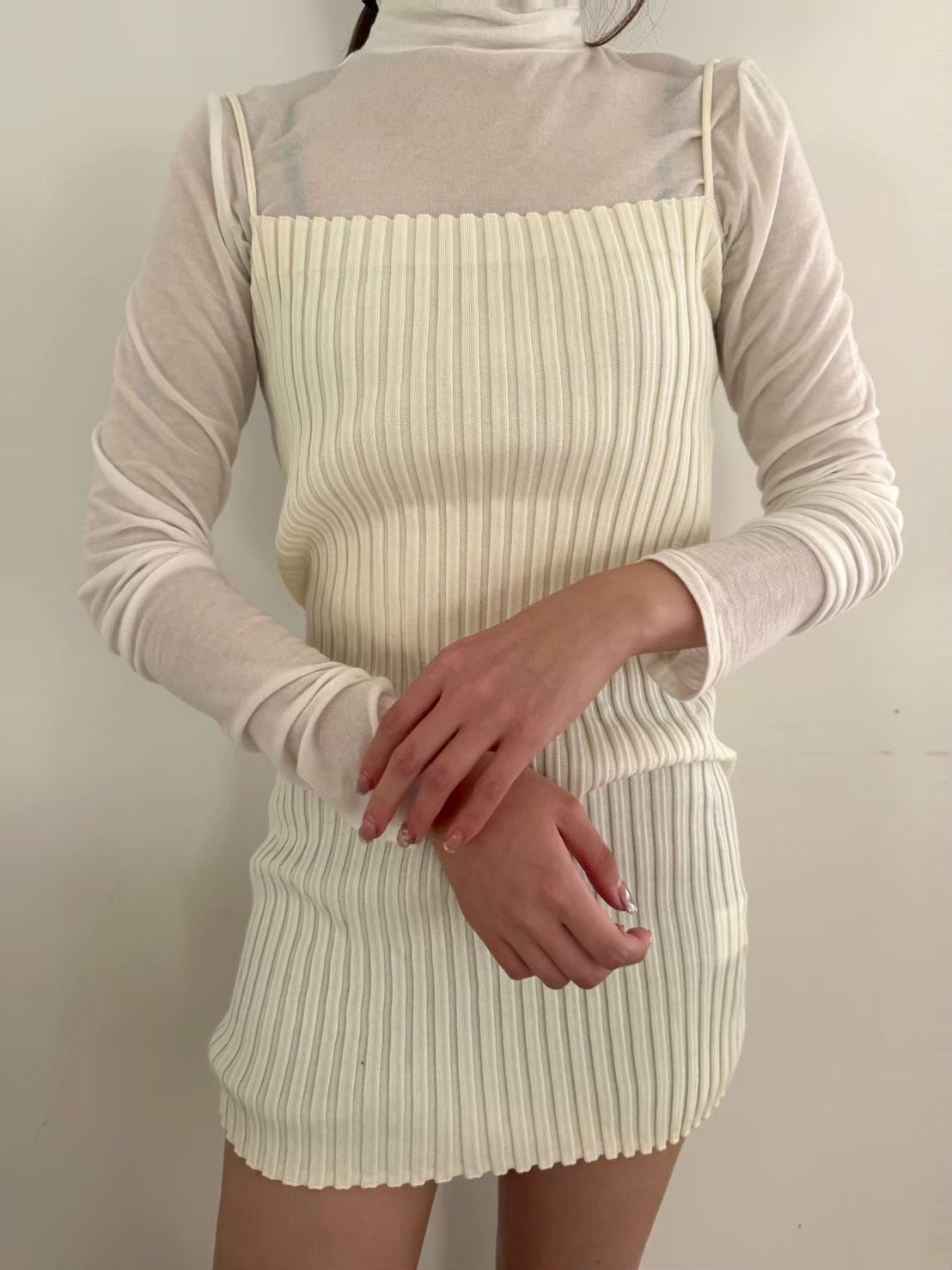 Rib knit dress / White