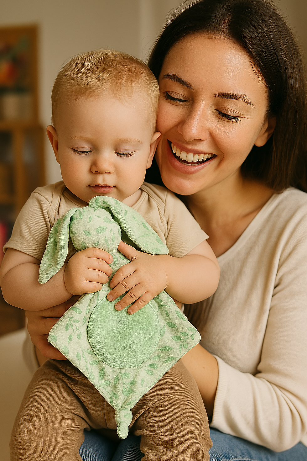 Bébé apaisé grâce à l’odeur de maman et un doudou Eleamoi