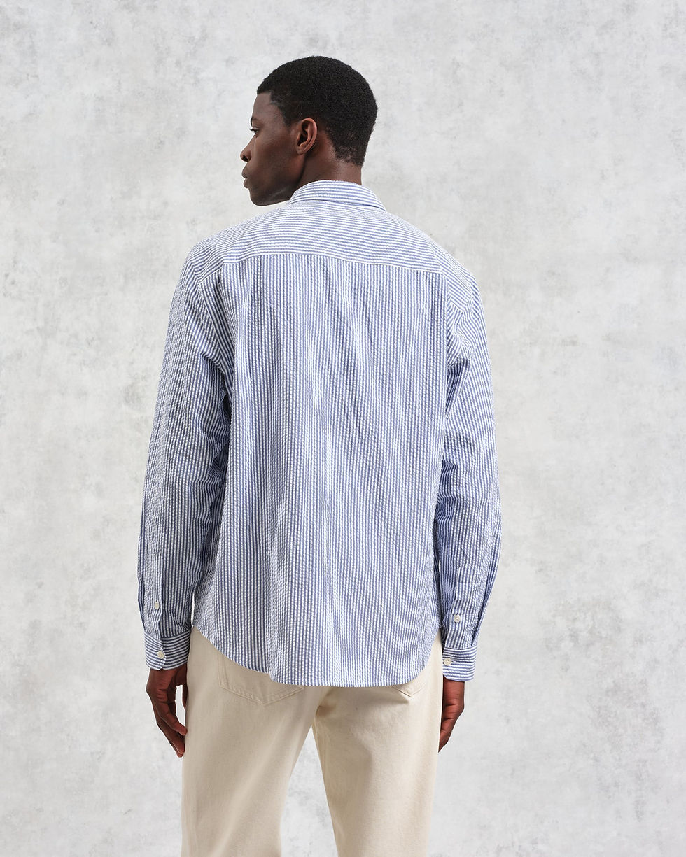Thumbnail: Wax London Rove Seersucker Shirt in blue striped on model back detail
