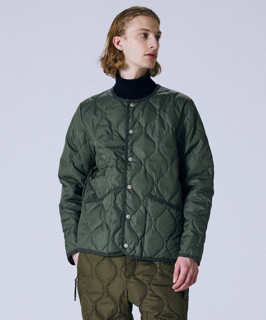 Taion JP Military Down Jacket in olive on model front detail