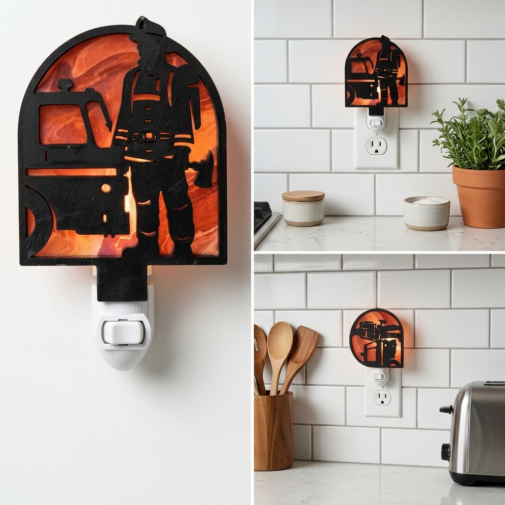 Custom engineered wood firefighter nightlight first responders home decor thin red line fire engine design
