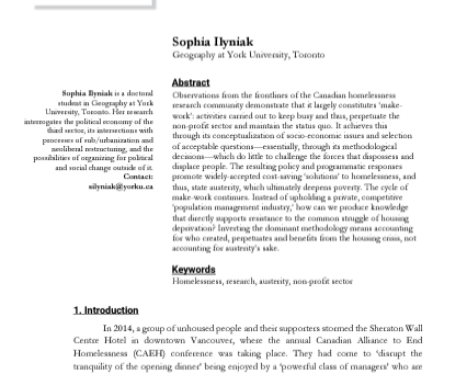 Article: "Make-work methodology: Canadian homelessness research and its role in austerity". 2022