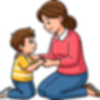 Parent and child talking at eye level, demonstrating connection.