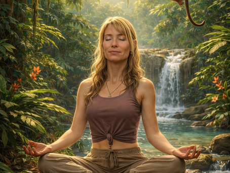 Person sitting in meditation with hands on heart, inhaling and exhaling deeply, symbolizing anchoring in the breath.