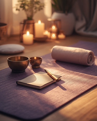 Nervous system recovery wellness setup including yoga mat, journal, and sound healing tools for trauma-informed support
