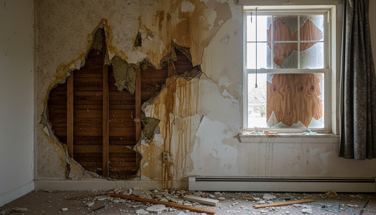 Close-up view of a damaged apartment wall near a window after a storm