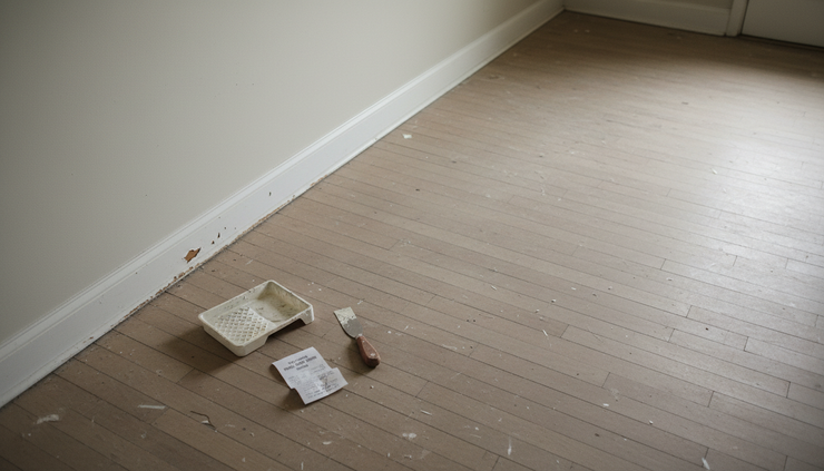 Overhead view of a vacant living room with small repair supplies near a damaged baseboard.