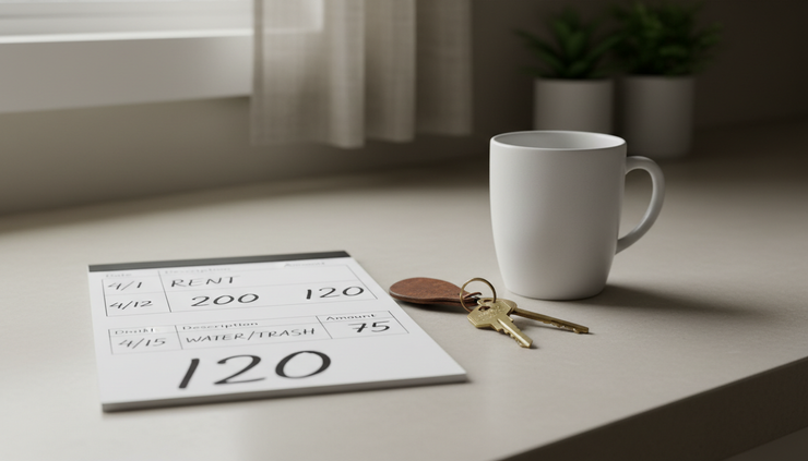 Close-up view of a handwritten rent ledger beside house keys on a kitchen counter.