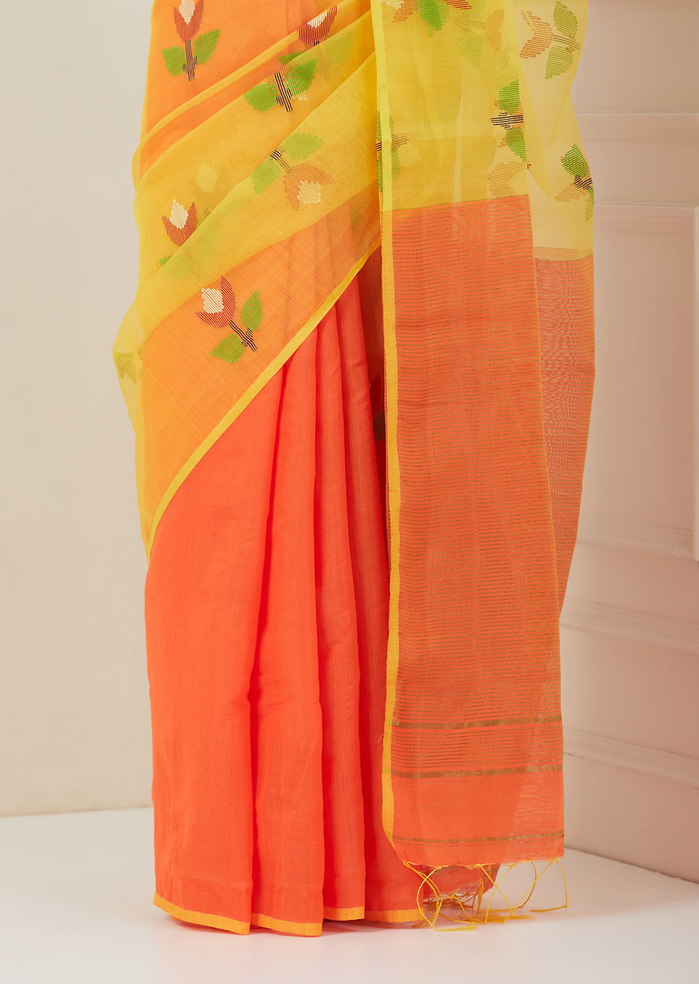 Thumbnail: Tulip Garden Orange Jamdani Silk Saree