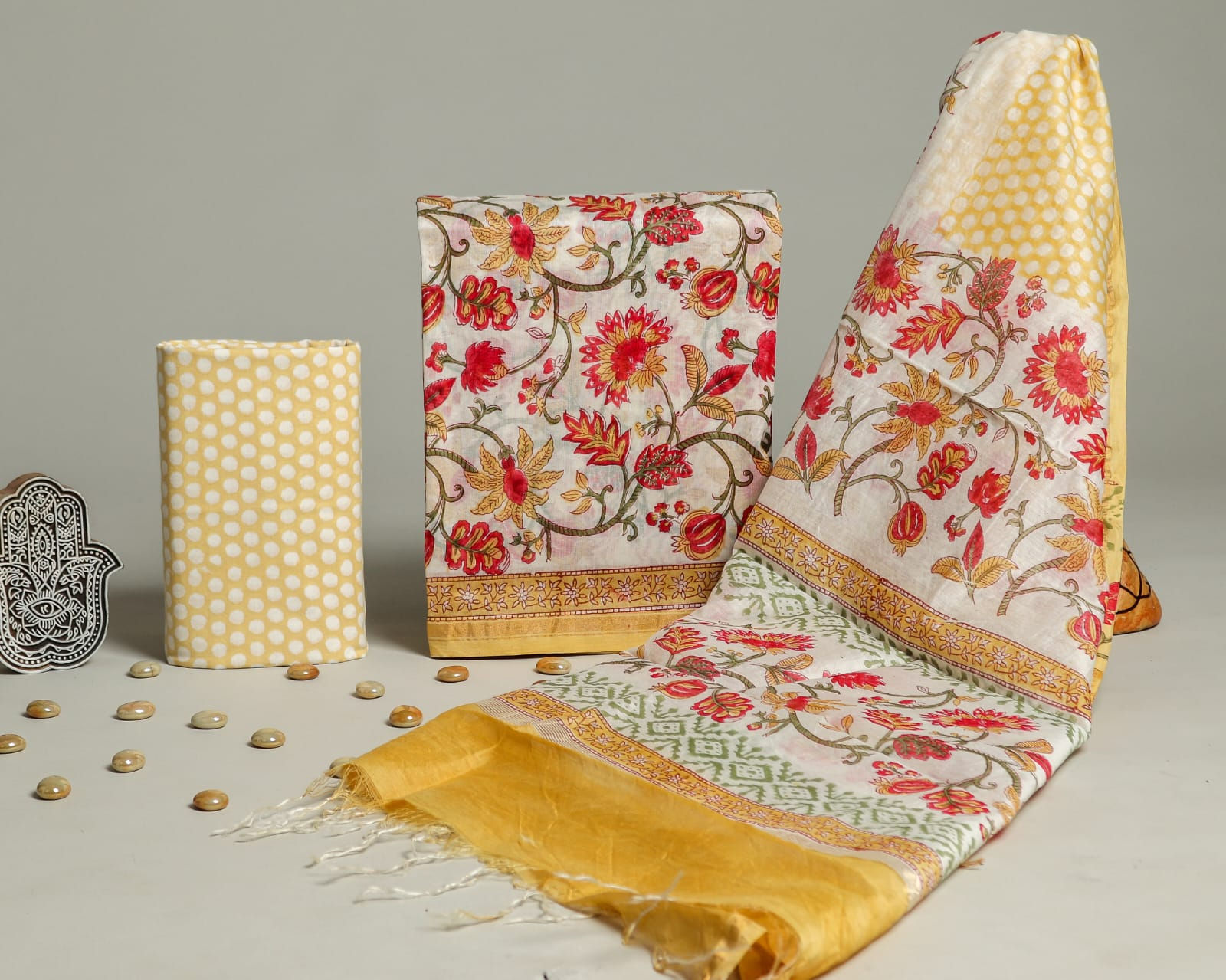 White and Yellow Block Printed Chanderi Silk Suit