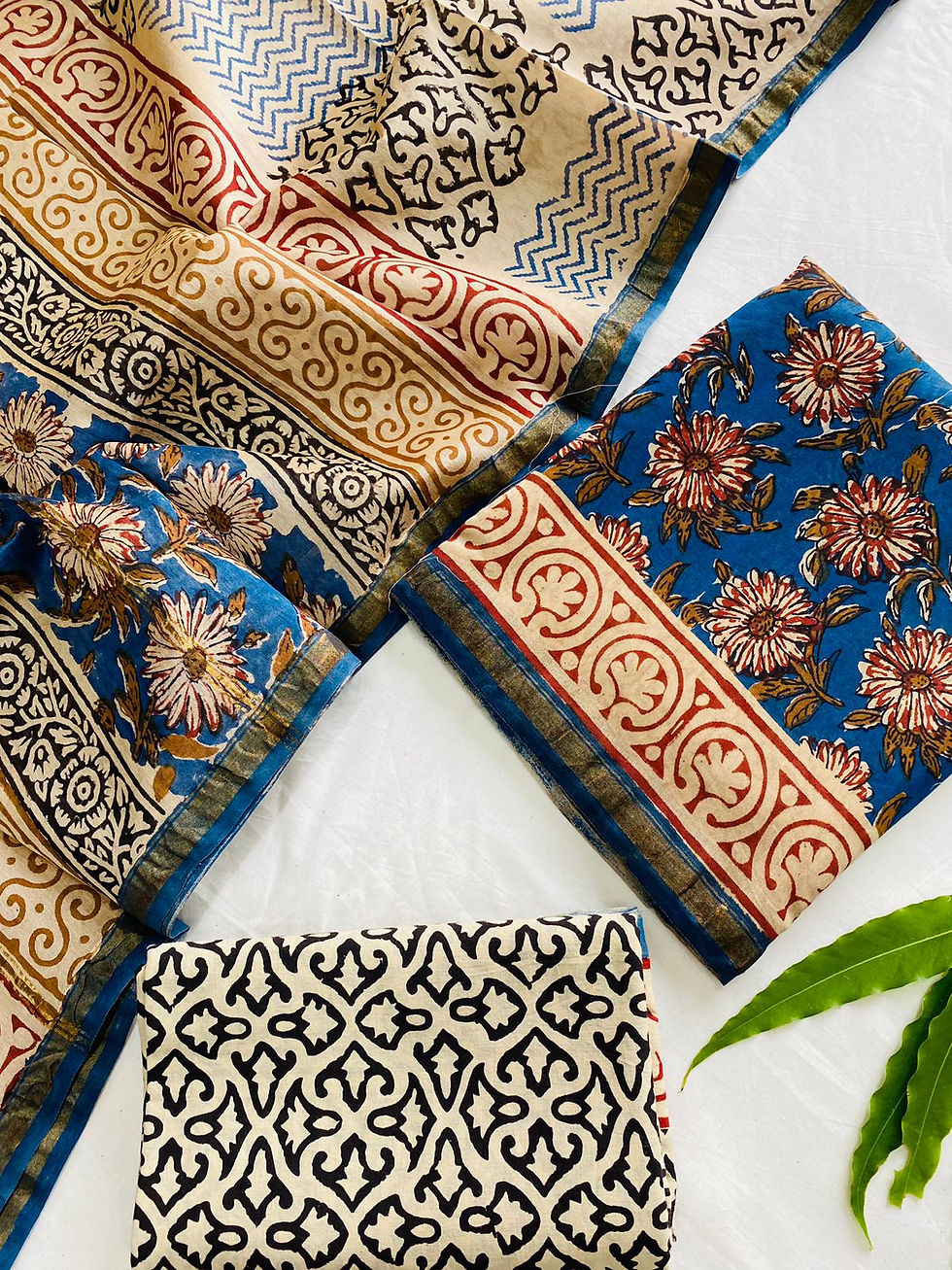 Blue and White Block Printed Chanderi Silk Suit Set