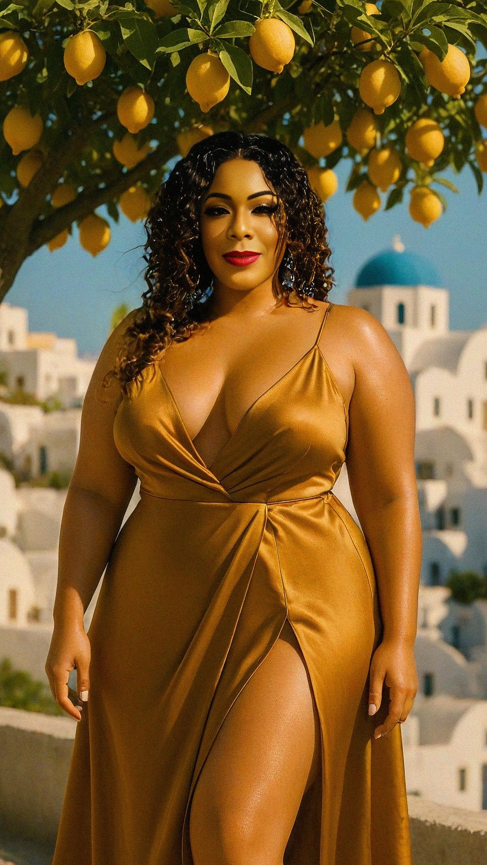 A woman is standing under a lemon tree. She has long, dark curly hair and is wearing a gold dress.