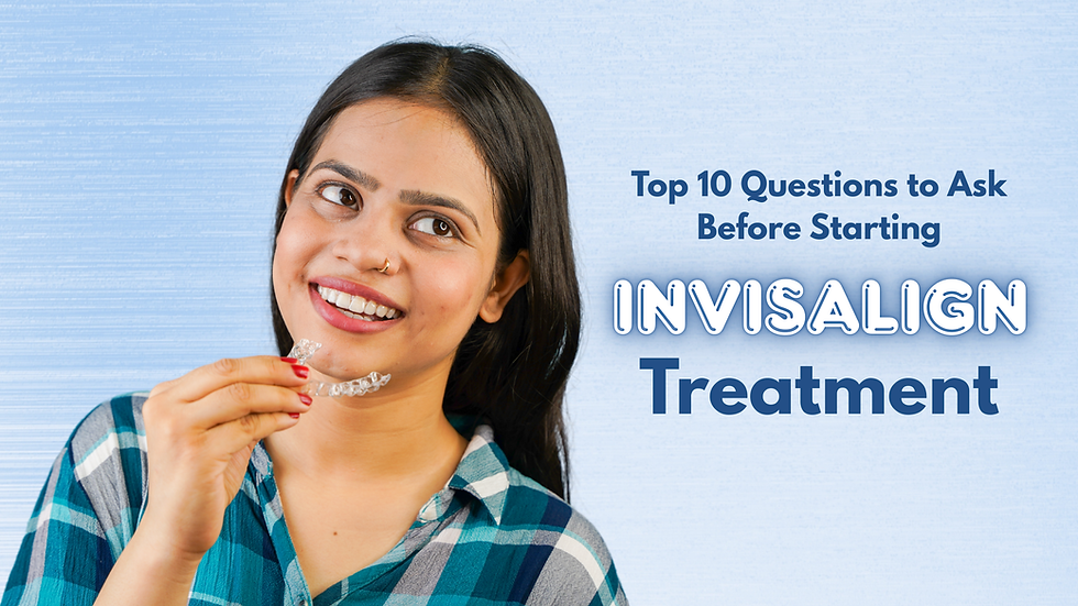 Banner for blog titled ‘Top 10 Questions to Ask Before Starting Invisalign Treatment’ featuring an Indian woman smiling and holding clear aligners – Dental Sanctuary, Bangalore.