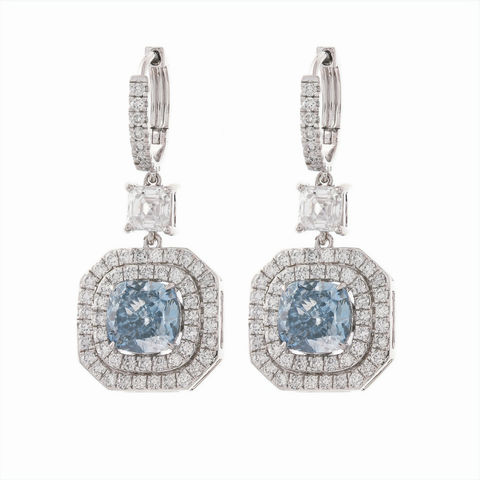 Elegant white gold earrings with aquamarine gemstones and double diamond halo ksf jewel.