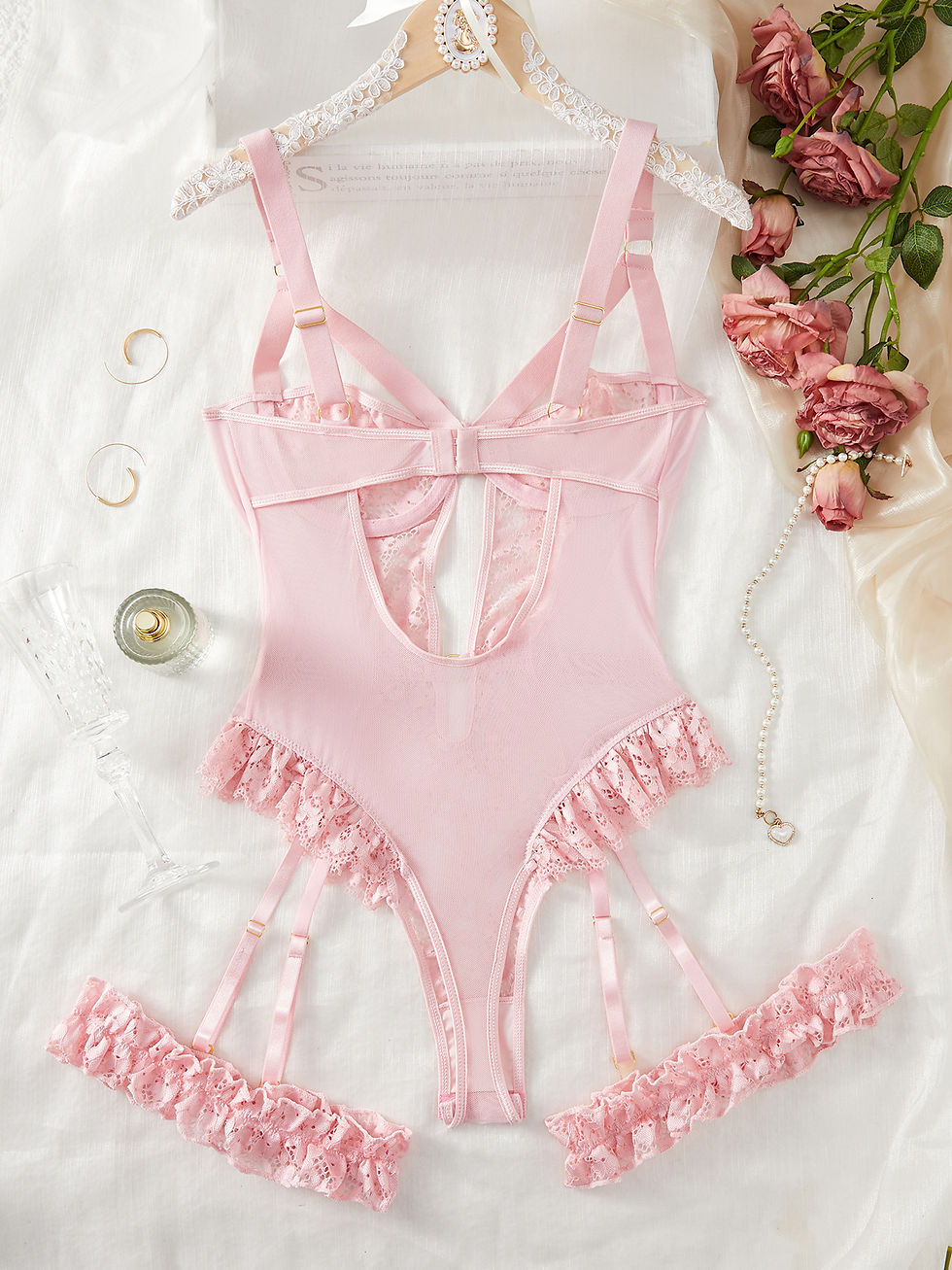 Miniatura: 2pcs Red Floral Lace Garter Lingerie Set With Choker Women Intimates 2022 Underw