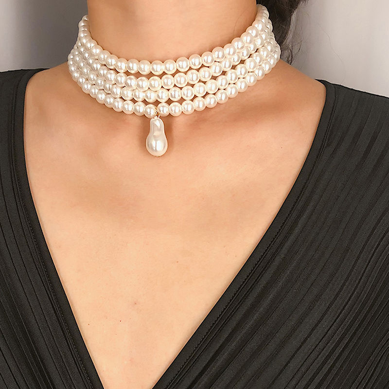 Classic Layered Strand Round Pearls Beads Collar Choker Necklace For Women Irreg