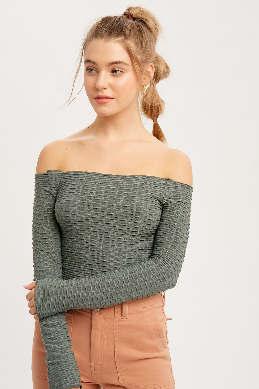 Thumbnail: Embossed Wide Neck Stretch Crop Top