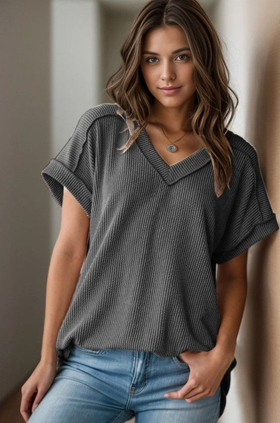 Thumbnail: Textured V-Neck Short Sleeve Top