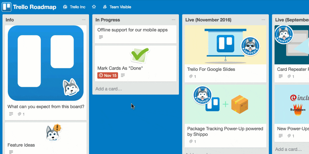 GIF of a Trello Board, a project management & list making app